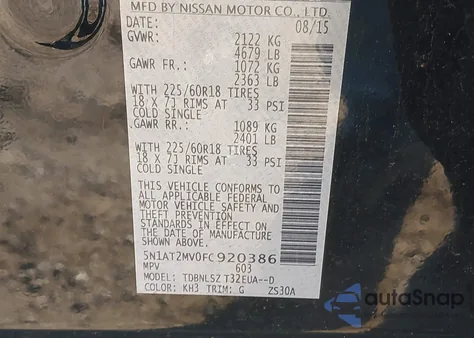 2015 Nissan Rogue Sl z USA, uszkodzony, nr VIN 5N1AT2MV0FC920386